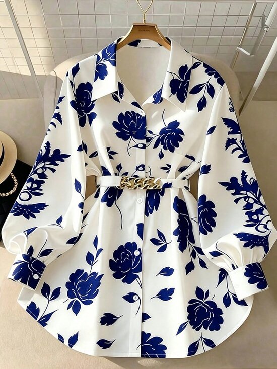 Tops - Blue Casual Women's Plus Size Floral Tie Front Long Sleeve Shirt